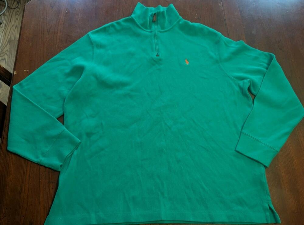 Polo Ralph Lauren Green Sweater Sweatshirt Men's XL Quarter Zip Orange Pony
